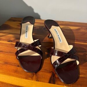 Manolo Blahnik Burgundy Croc-Embossed Leather Heeled Mules
